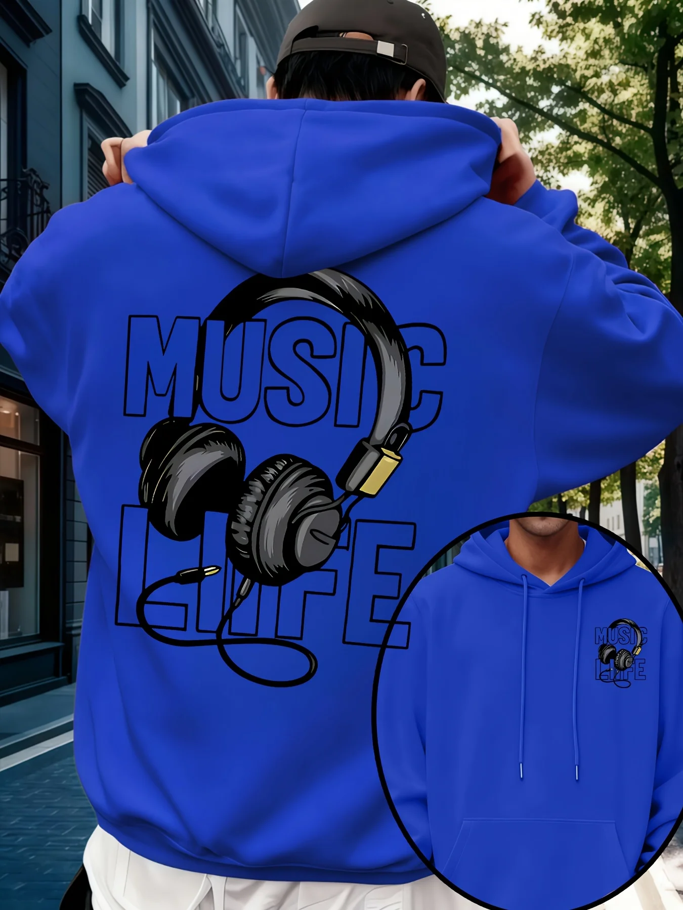 Herren-Musik-Hoodie 100% Baumwolle Kopfhörer-Grafik-Druck Streetwear Oversized Casual Pullover Sweatshirt Herbst Winter – Detail 4