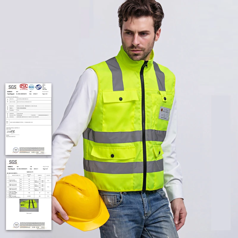 Professional High Visibility Vest with Pockets and Zip Reflective Work Clothes Men