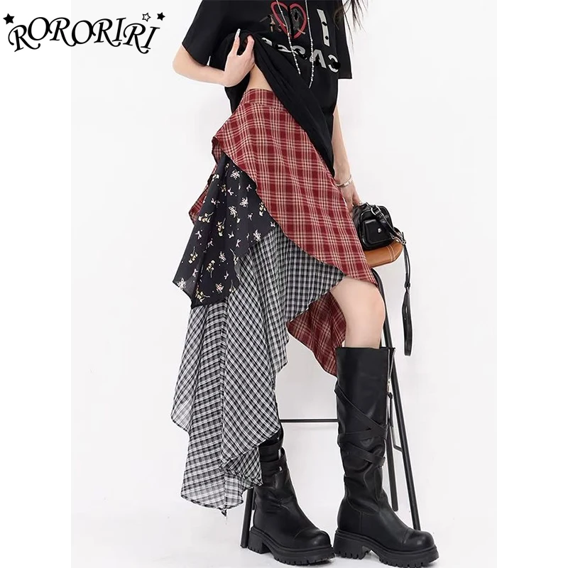 RORORIRI American Vintage Skirts Plaid Irregular Patchwork Zipper High Waist Skirt Y2k Harajuku Streetwear Midi Length A Line