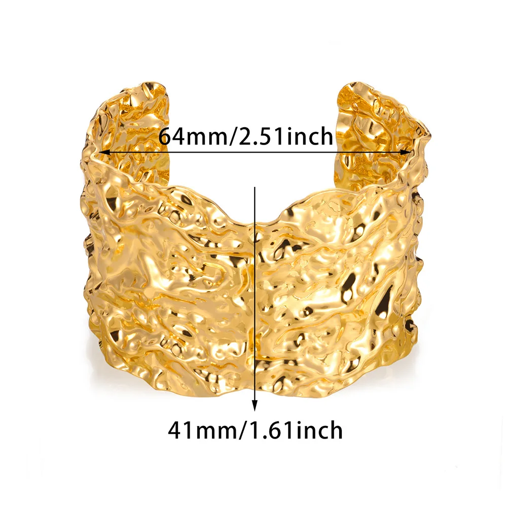 Vintage Wrinkle Texture Open Bracelet For Women Gold Color Stainless Steel Irregular Geometry Wide Cuff Bangle Punk Jewelry Gift