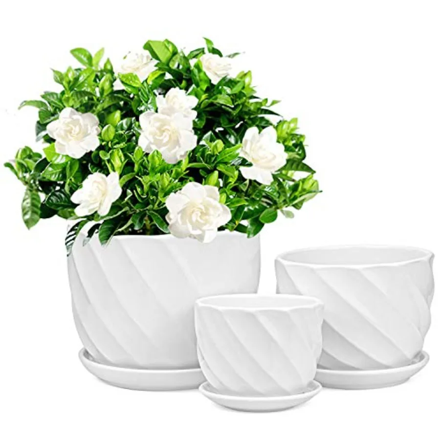 

Set of 3 Round Modern Ceramic Planter Pot Small to Large Sized Garden Flower Plant Pots White Succulent Cactus Containers with