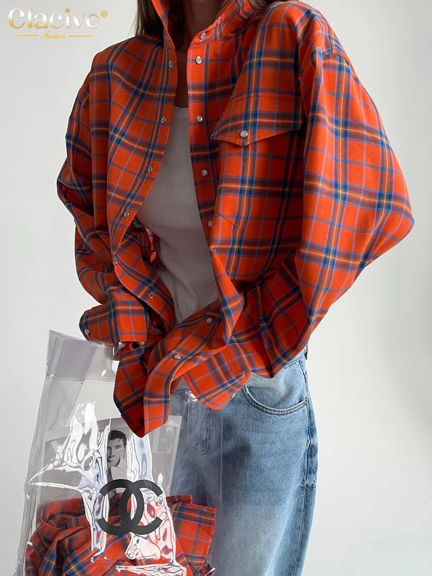 ClacMarkets-Chemisier à carreaux pour femme, haut à boutonnage simple, chemise à manches longues, revers élégant, vintage, surdimensionné, mode 2023