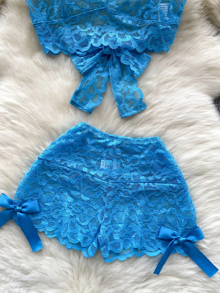 女性のツーピースセットヴィンテージノースリーブリボンクロップトップとAラインミニショーツヴィンテージY2kレースショーツパンツセット2000年代の服