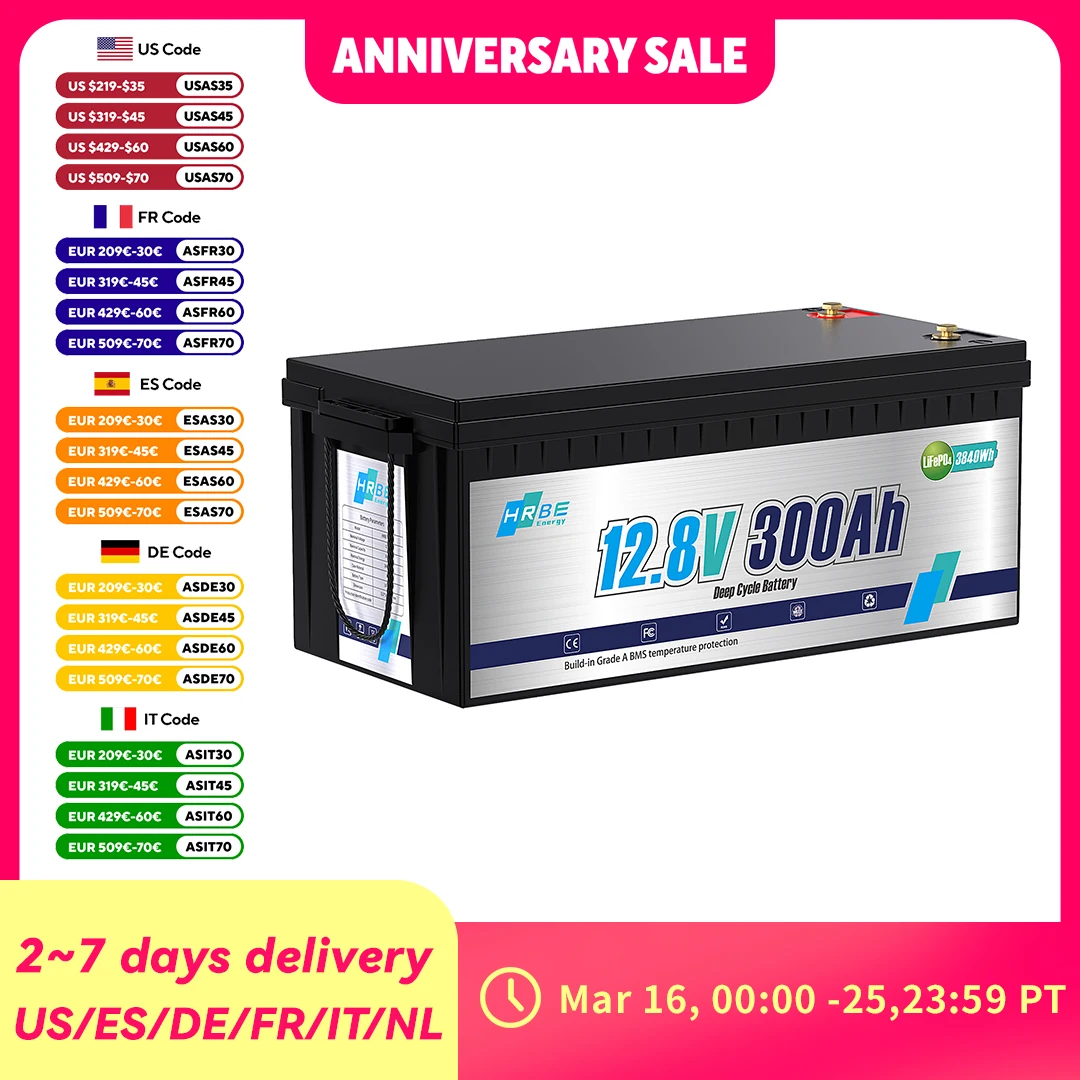 

HRBEenergy 12V 300Ah LiFePO4 Battery,Rechargeable Lithium Battery with 200A BMS,for Home Energy,Solar,Trolling Motor,Off-Grid,Rv