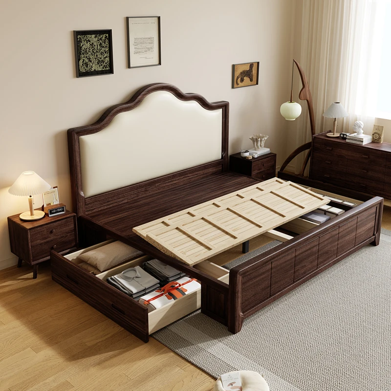 1.8 meters double bed master bedroom leather soft bag American French medieval walnut