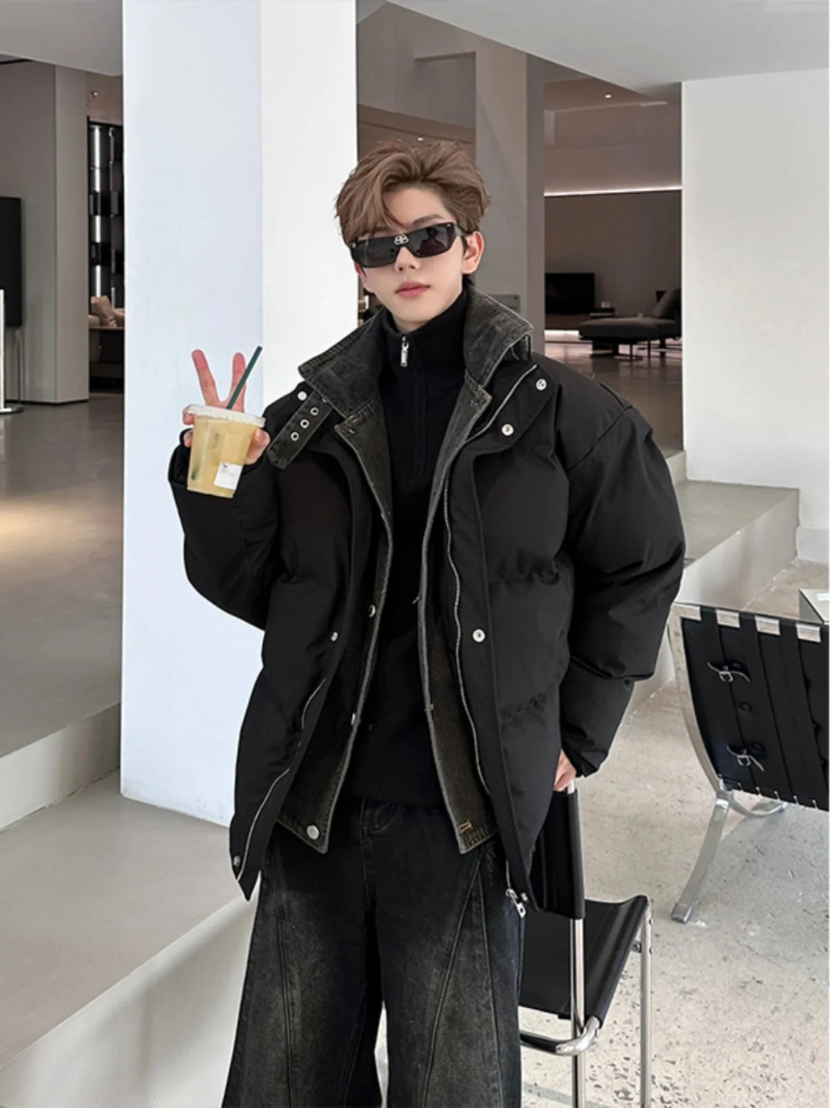 

Thickened Short Workwear Cotton Jacket Men's Denim down Cotton Padded Coat Youth Trendy Outerwear Double Layer Collar