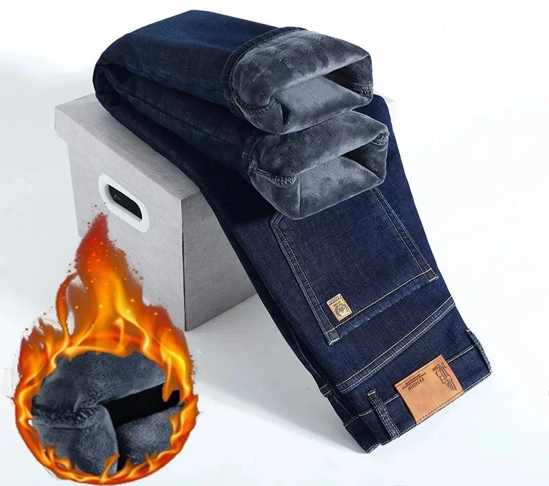 

Winter Men Plush Thick Fleece Trouser Lambswool Thermal Jeans Casual Pants Windproof Warm Cotton Denim Pants
