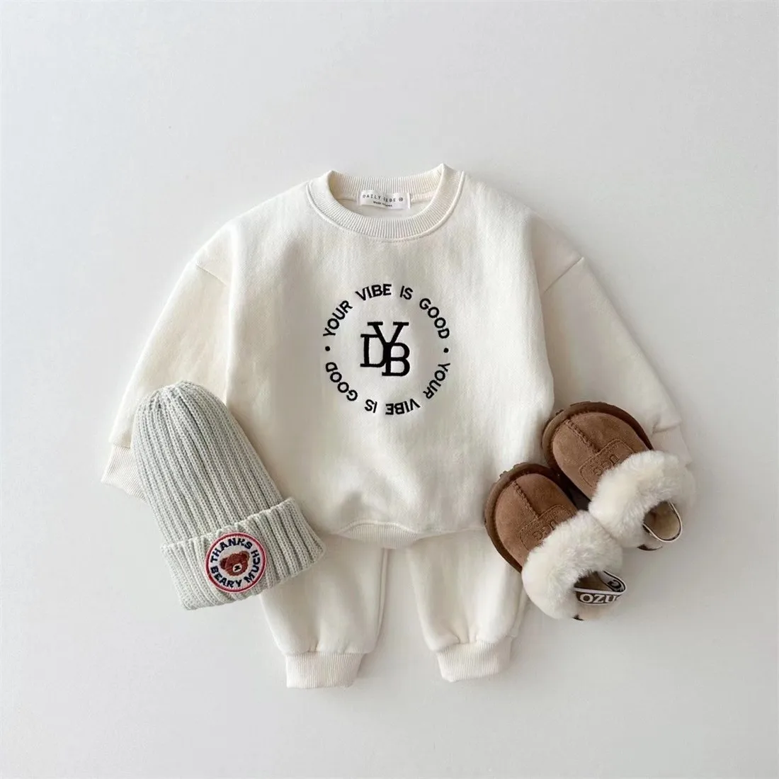 TZ22602 Korean Style Autumn Winter Fleece Lined Sweatshirt Pants Set for Kids Unisex Casual Versatile 2-Piece Sportswear Combo