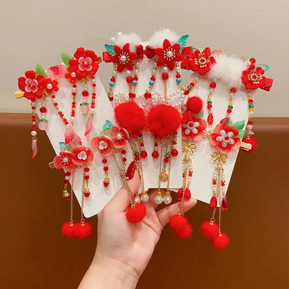 Tassel Children Red Hairpin Plush Flower Chinese New Year Headwear Baby Headwear Girl Hair Accessories Hanfu Hair Sticks Girls