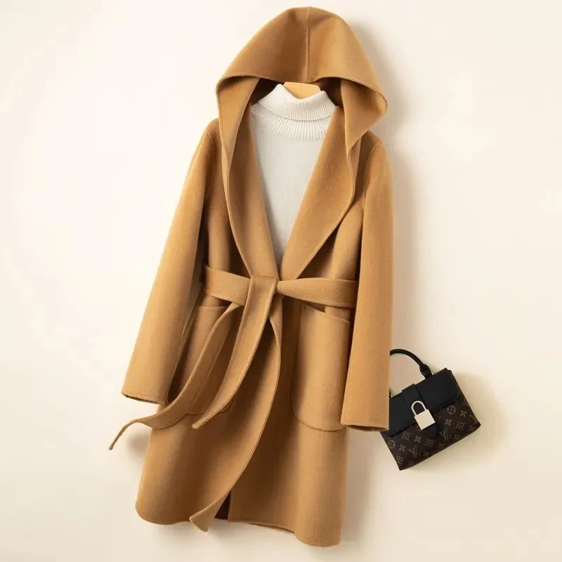 

2026 Корейская женская двусторонняя кашемировая толстовка средней длины с поясом на шнуровке с капюшоном, утягивающая шерстяная куртка, осень-зима