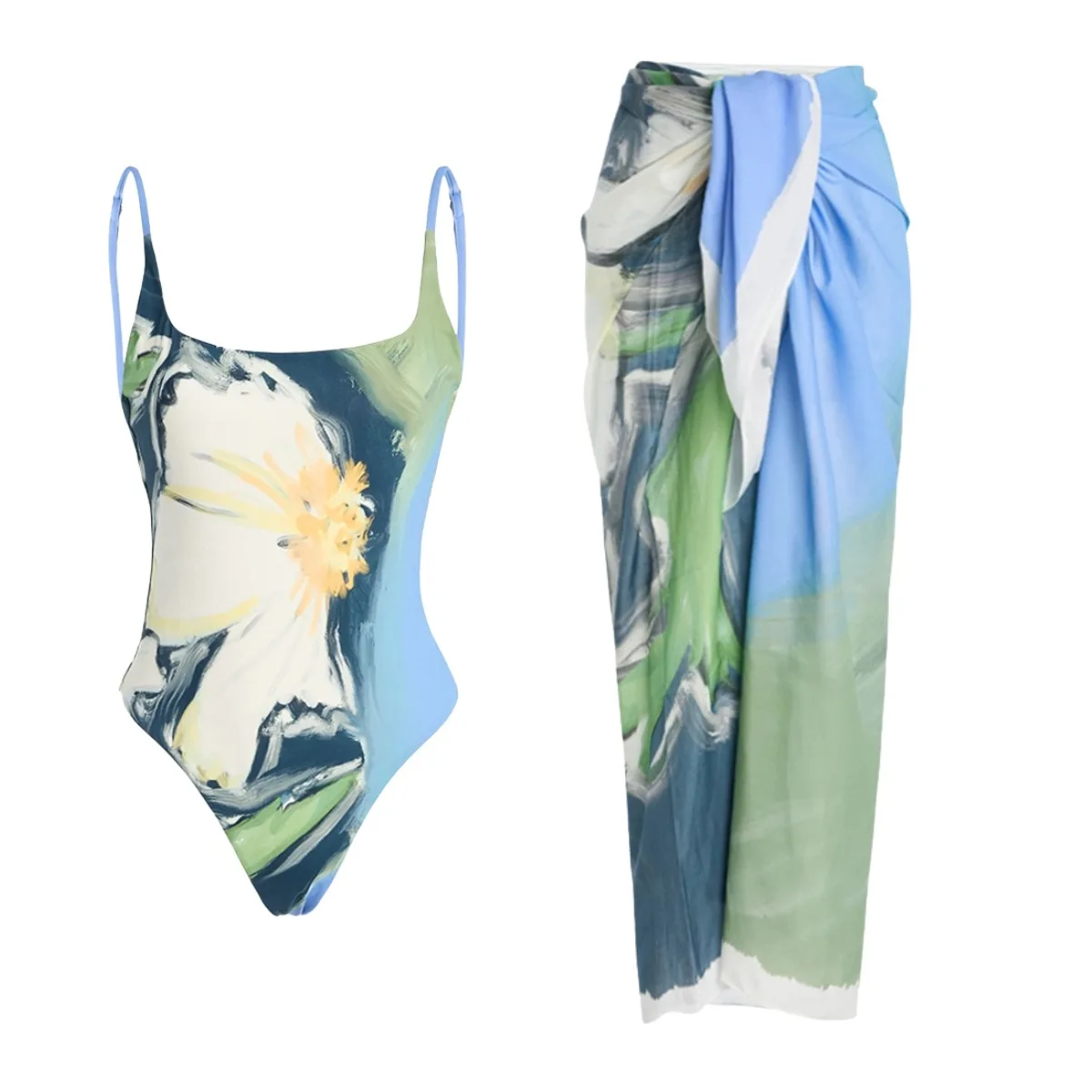 New 2Pcs Retro Printed Swimsuit With Cover Up Women Floral Swimwear Sexy Swim Suit Bikinis Female Bodysuit Bathingsuit Beachwear