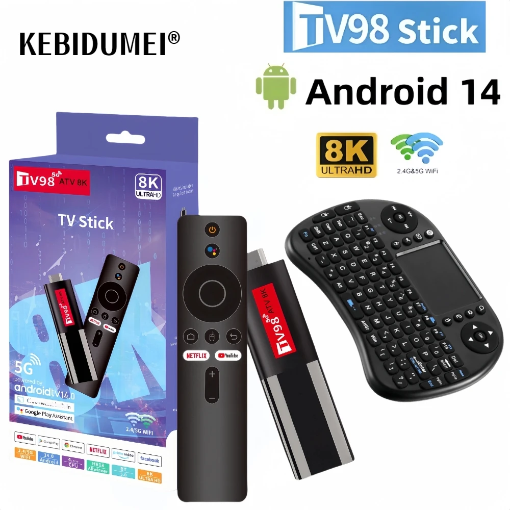 TV98 ATV Mini TV Stick Android 14 H618 2.4G 5G Wifi Support OTA 8K Media Player TV Receiver BT5.0 2GB 16GB Voice Remote TV Box