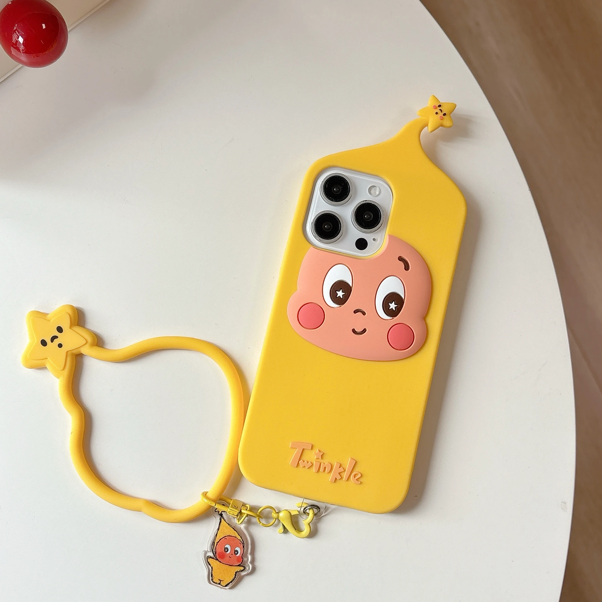 

3D Cute Cartoon Twinkle Star Wrist Bracelet Phone Case for iPhone 11 12 13 14 15 16 17 Pro Max Soft Silicone Shockproof Cover