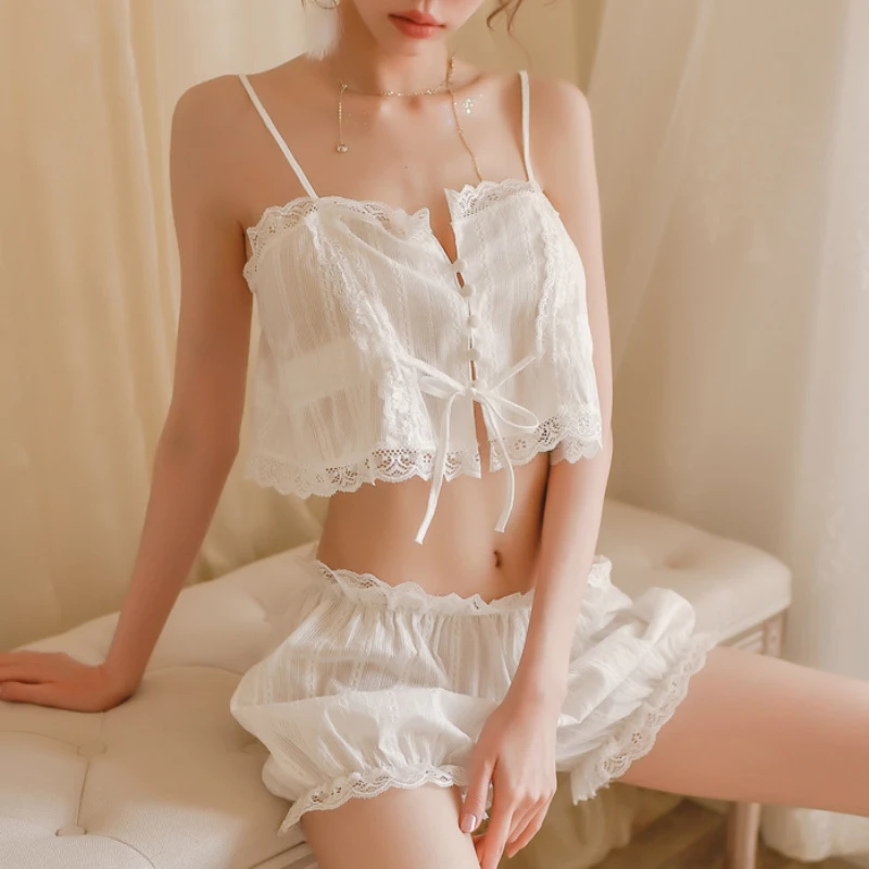 Womens Pajamas Set Victoria French Palace Sexy Lingerie Button Up Drawstring Crop Top Camisole Ruffled Lace Bloomers Sleepwear