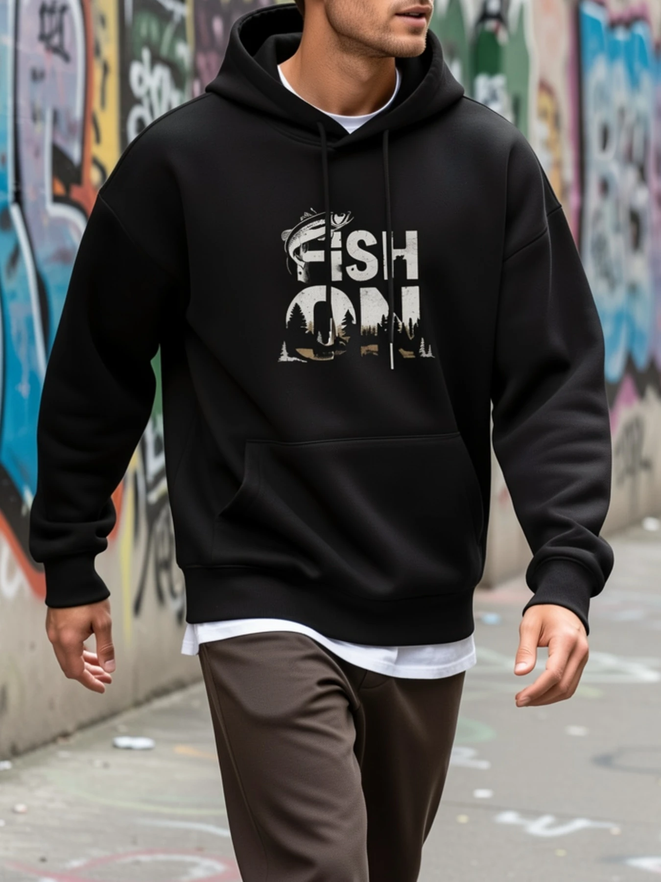 Men Fish On Graphic Hoodie Vintage Fishing Bass Fish Forest Print Hooded Sweatshirt Outdoor Casual Pocket Oversized Pullover