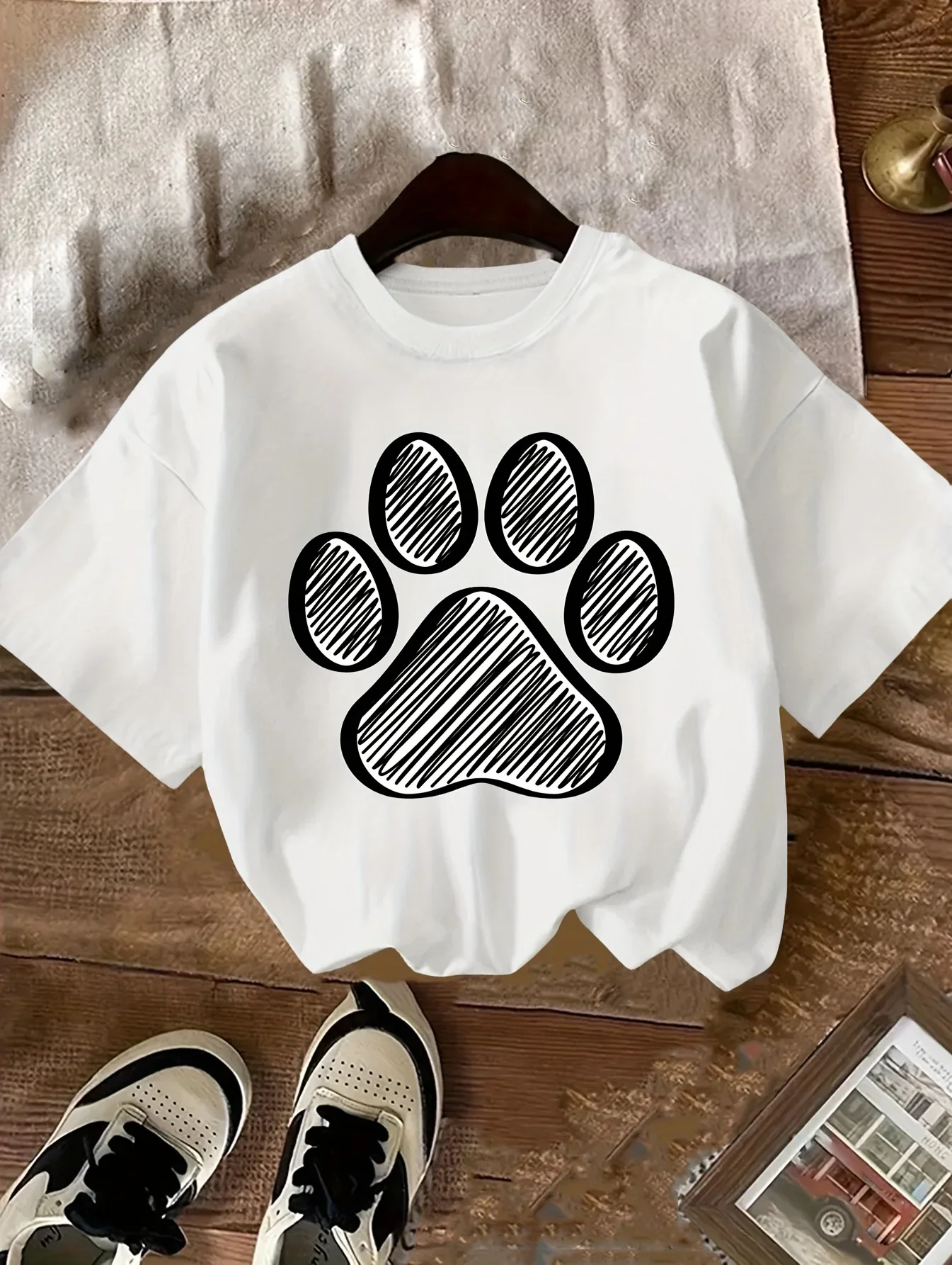 Hand Drawn Sketch Dog Paw Print Cute Graphic Short Sleeve Soft Cotton Kids Lovely Casual Daily Wear Parent-child T Shirt