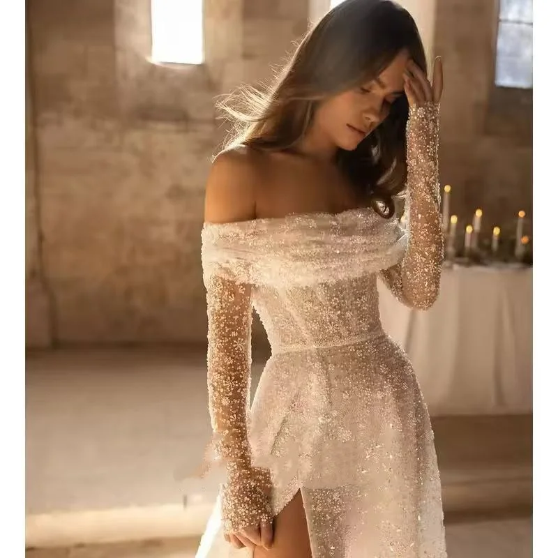 ONELIFE Abito da sposa a trapezio a maniche lunghe con spalle scoperte Abito da sposa con perline Abito da sposa principessa personalizzato Vestido de Noiva