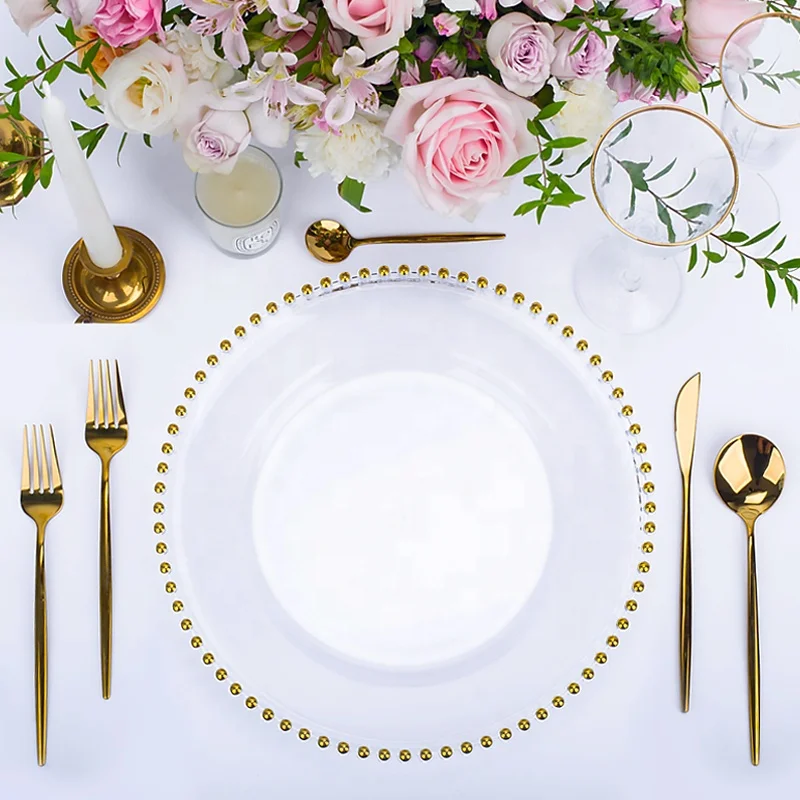 

50 Pcs Round Acrylic Gold Silver Transparent Decoration Beading Brass Wholesale Charger Plates Hot Selling Wedding Table Setting