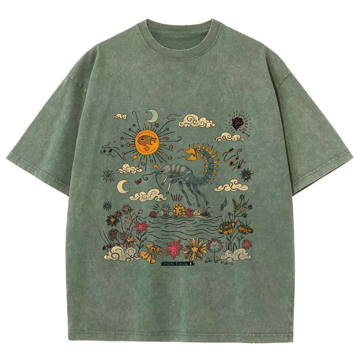 Cartoon Landscape Print Simple Casual Style Women's T-Shirt Unisex Wash Round Neck Short Sleeve Vintage Distressed Basic Tee