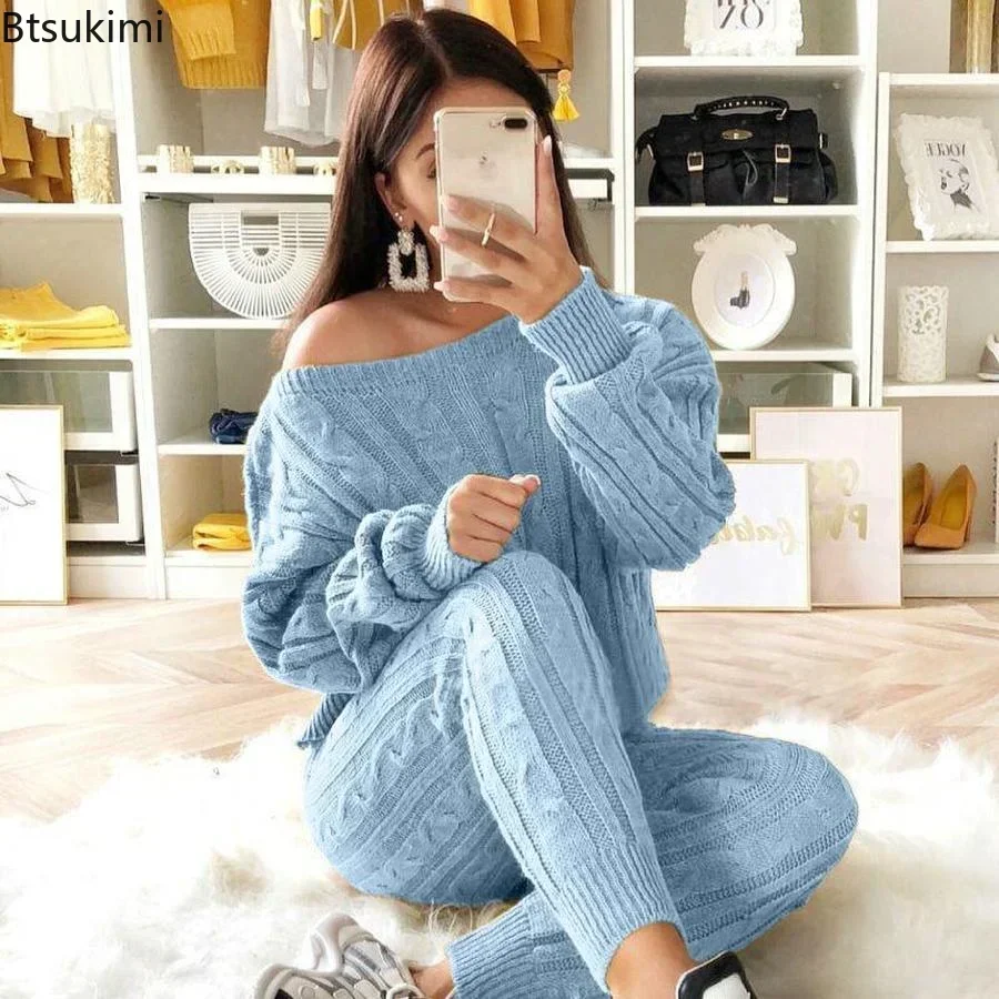 Autumn Winter Women 2 Piece Set Casual Knitted Tracksuit Sportswear Warm Sweater + Long Pants Outfits Women Autumn Wear S-5XL