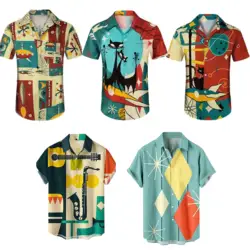 Men Black Cat Printed Casual Short Sleeve Shirts Adult Button Down Summer Beach Hawaiian Shirt Men's Fashion Clothing Top