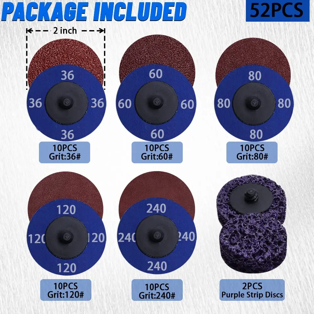 2 Inch Quick Change Discs Assorted 36/60/80/120/240 Grit with Purple Easy Strip Discs for Die Grinder Surface Prep Strip Grind