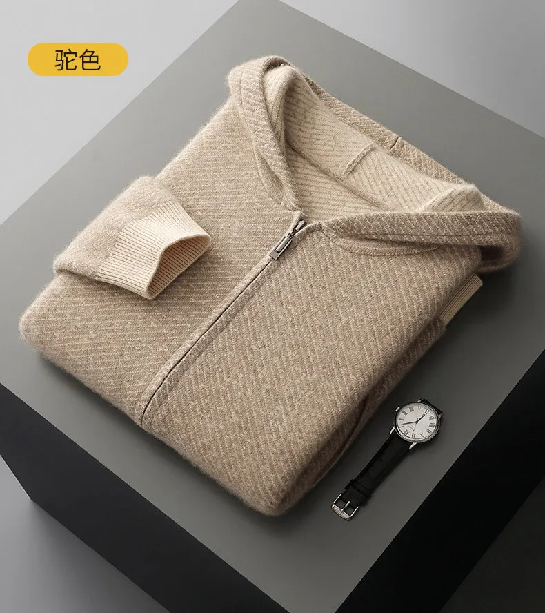 New 100% pure cashmere sweater men's hooded zipper knit cardigan padded casual sweater coat.