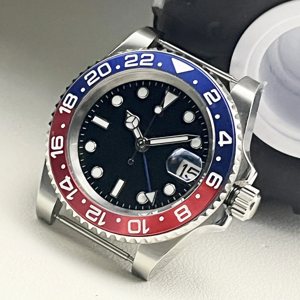 ساعة ميكانيكية للرجال 40 ملم، إطار أحادي الاتجاه NH34 GMT، عقارب حمراء، تاريخ، كريستال ياقوتي، علبة ستانلس ستيل