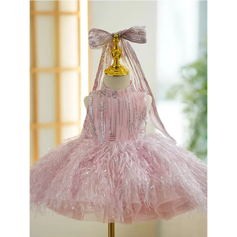 Fashion Baby Girl Princess Bling Feather Dress Infant Toddler Child Bow Vestido Party Pageant Birthday Ball Gown 12M-14Y