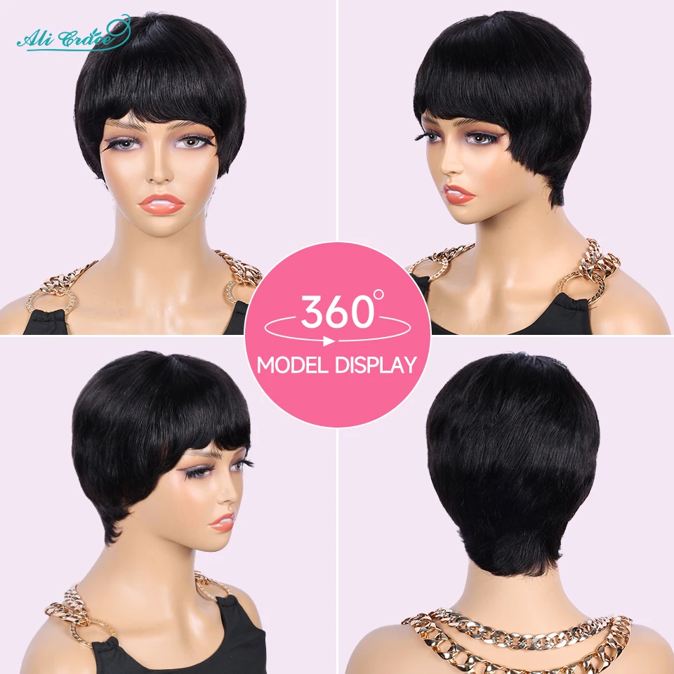 Short Bob Pixie Cut Wigs Straight Human Hair Machine Made Wigs With Bangs Brazilian Remy Hair Wig Ready To Go