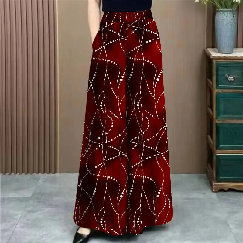Ice Silk Floral Wide-leg  in Summer New High-waisted Slim Casual Temperament Mother Pants Skirt