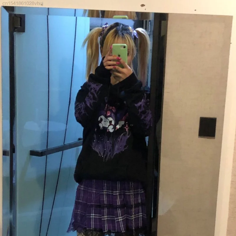 Sanrio Kuromi Y2k Japanese Punk Hoodie 2000s Autumn Winter Kawaii Anime Loose Pullover Hooded Sweater Female 90s Trend Tops Yk2