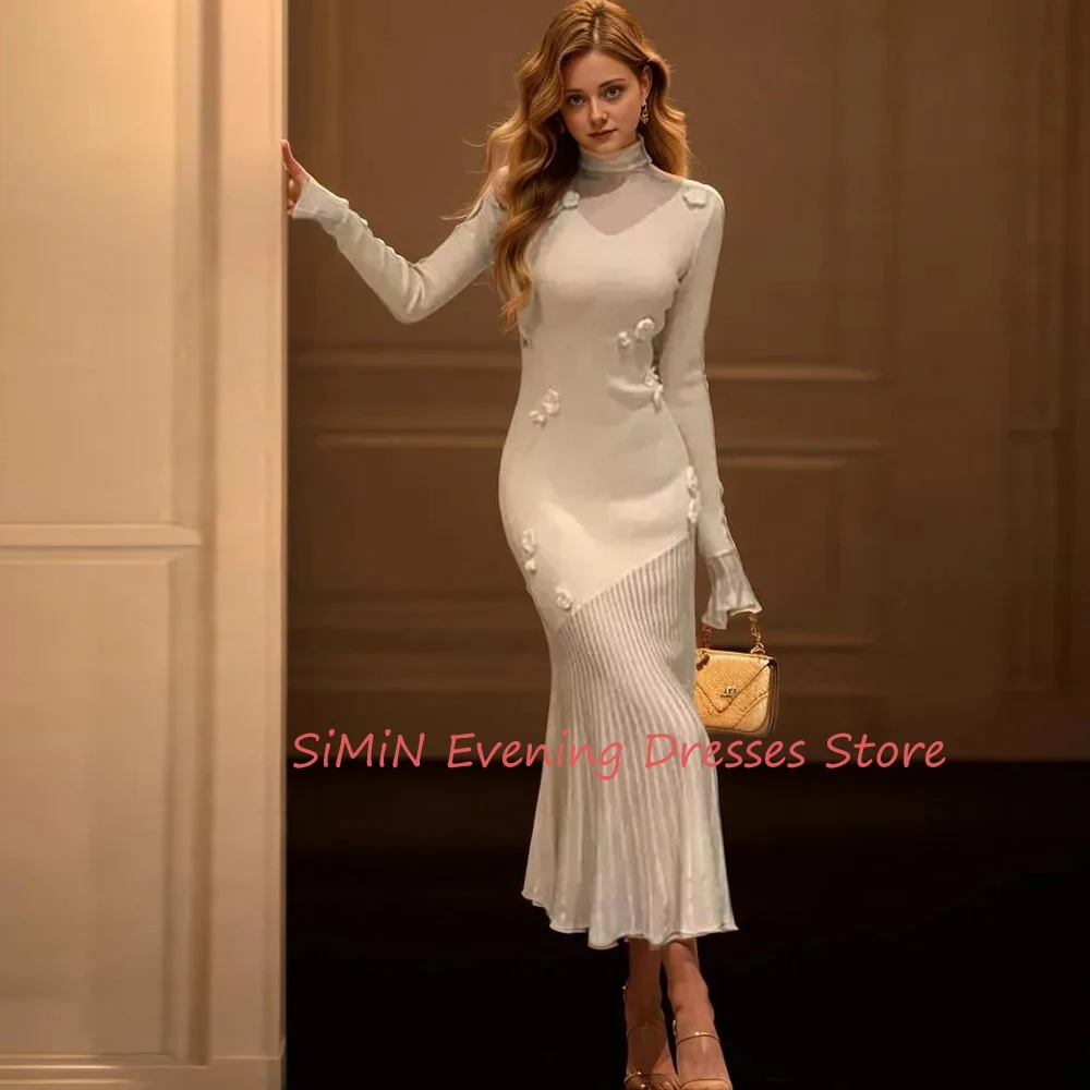 Simin Saudi High-Neck Flower Mermaid Simple Long-Sleeves Ankle-Length Arabia Sexy Evening Birthday Club Outfits Summer 2024