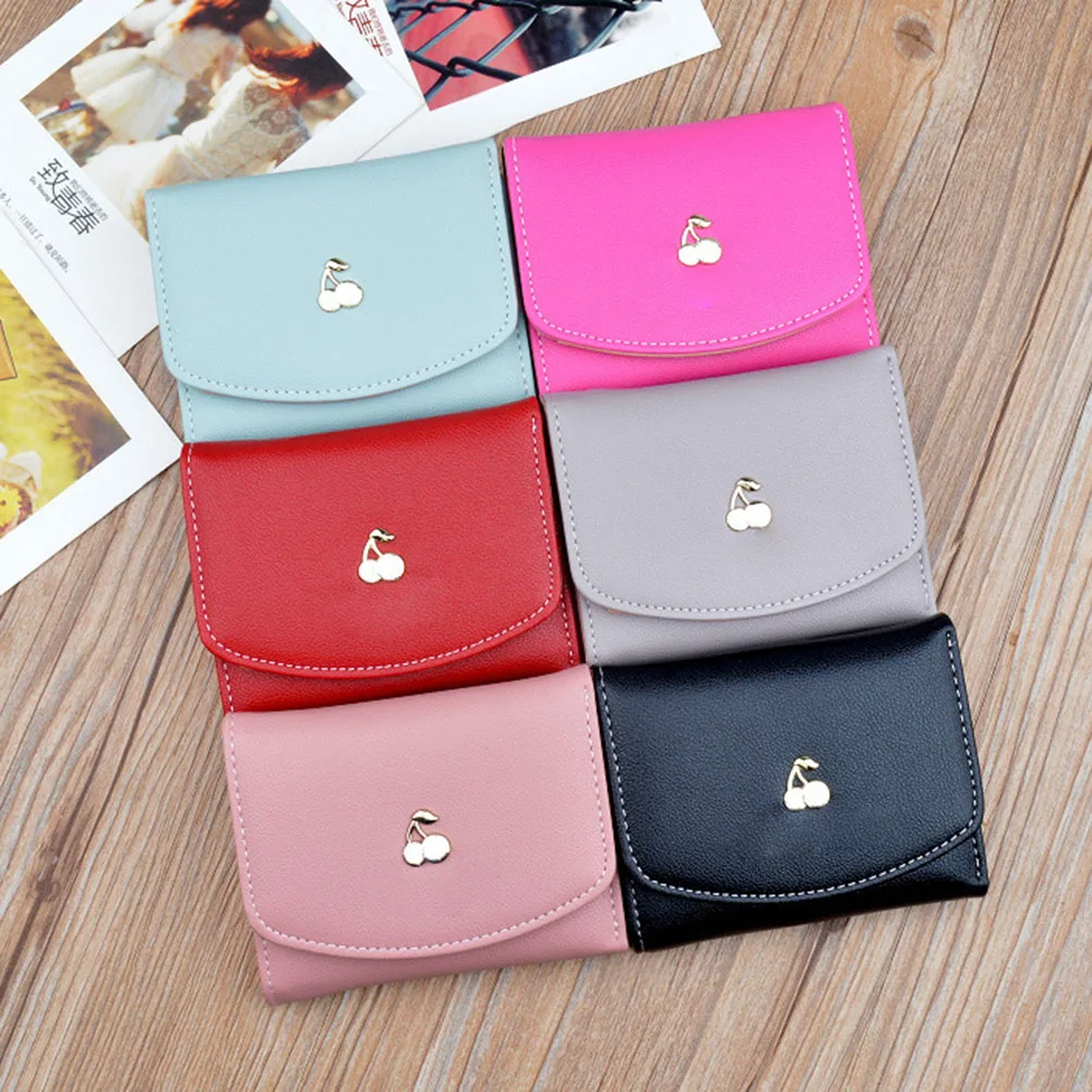 Fashion Women Cherry Sign Wallet Personalized PU Trifold Wallet Large Capacity Portable Coin Purse For Money Card Storage