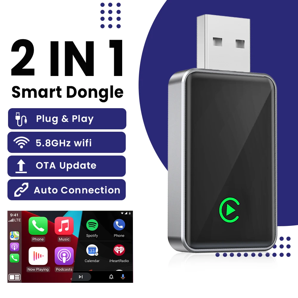 2in1 Wired to Wireless CarPlay Android Auto Adapter Plug and Play For 98% OEM Car CarPlay/Android Auto For Benz Volvo VW Toyota