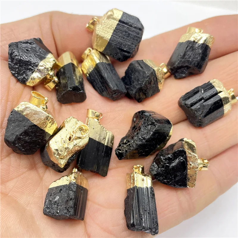 New Natural Gem Stone Black Raw Ore Tourmaline Gilt Irregular Shape Pendant Reiki Healing Energy Jewelry Making Necklace 12pcs