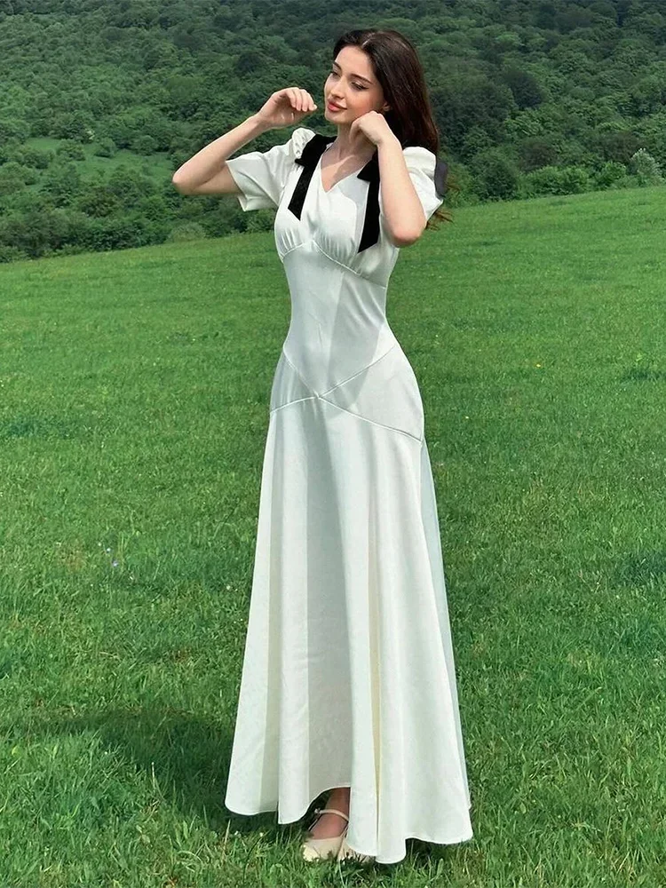 Elegant Lace Up Long Dresses Women Contrast V-neck Short Sleeve Zipper Pleated Patry Dress Female 2024 Summer Chic Lady Robes