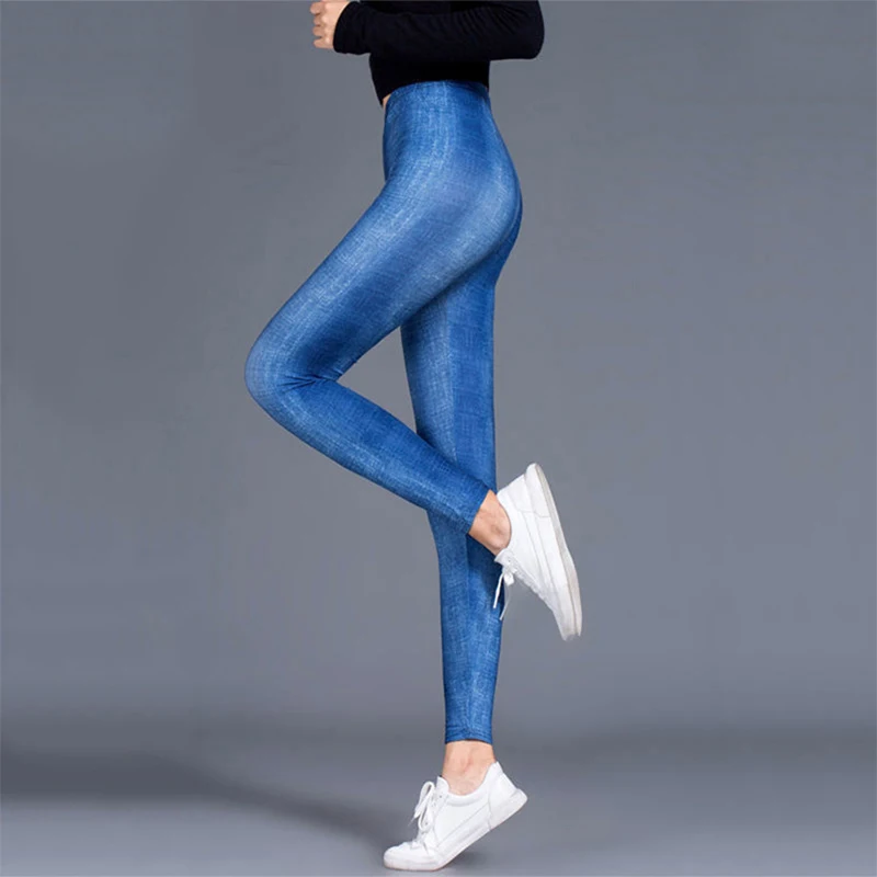 

Fashion New Super Soft Milk Silk Blue Jeans Print Fitness Leggings Sexy Silm Legins Ankle Length Trouser Women Pants