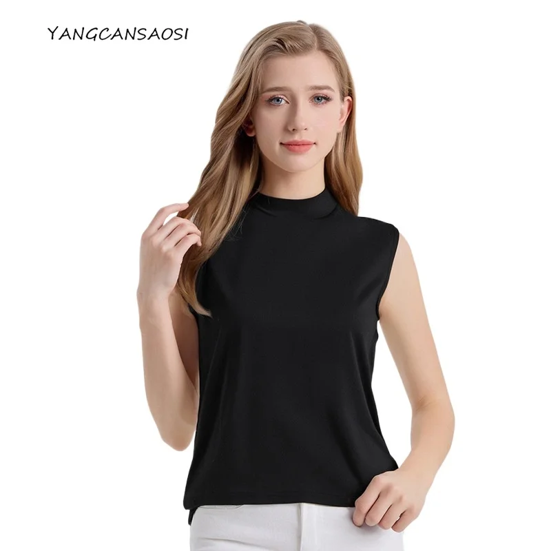 

Women's Casual Clothing Semi High Neck Sleeveless 92.4% Natural Mulberry Silk Elastic Satin Solid Color Top Bottoming T-Shirt