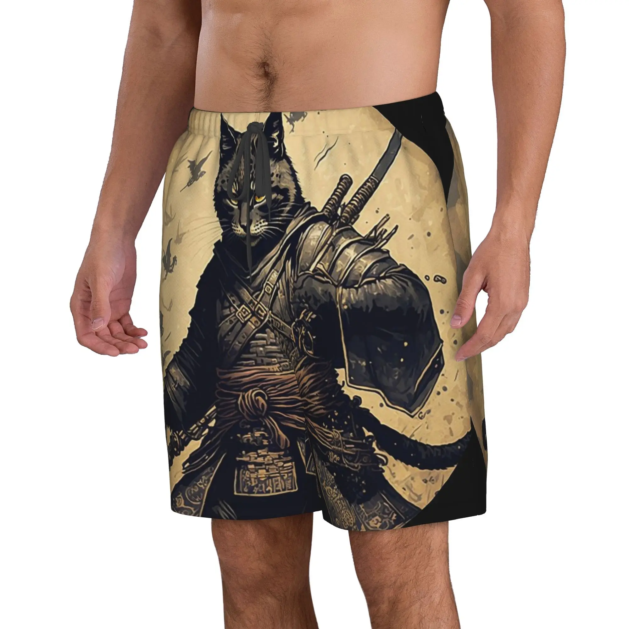 Anime Japanese Samurai Warrior Cat Trunks Beach Board Shorts Casual Quick Dry Swim Summer Men Pants
