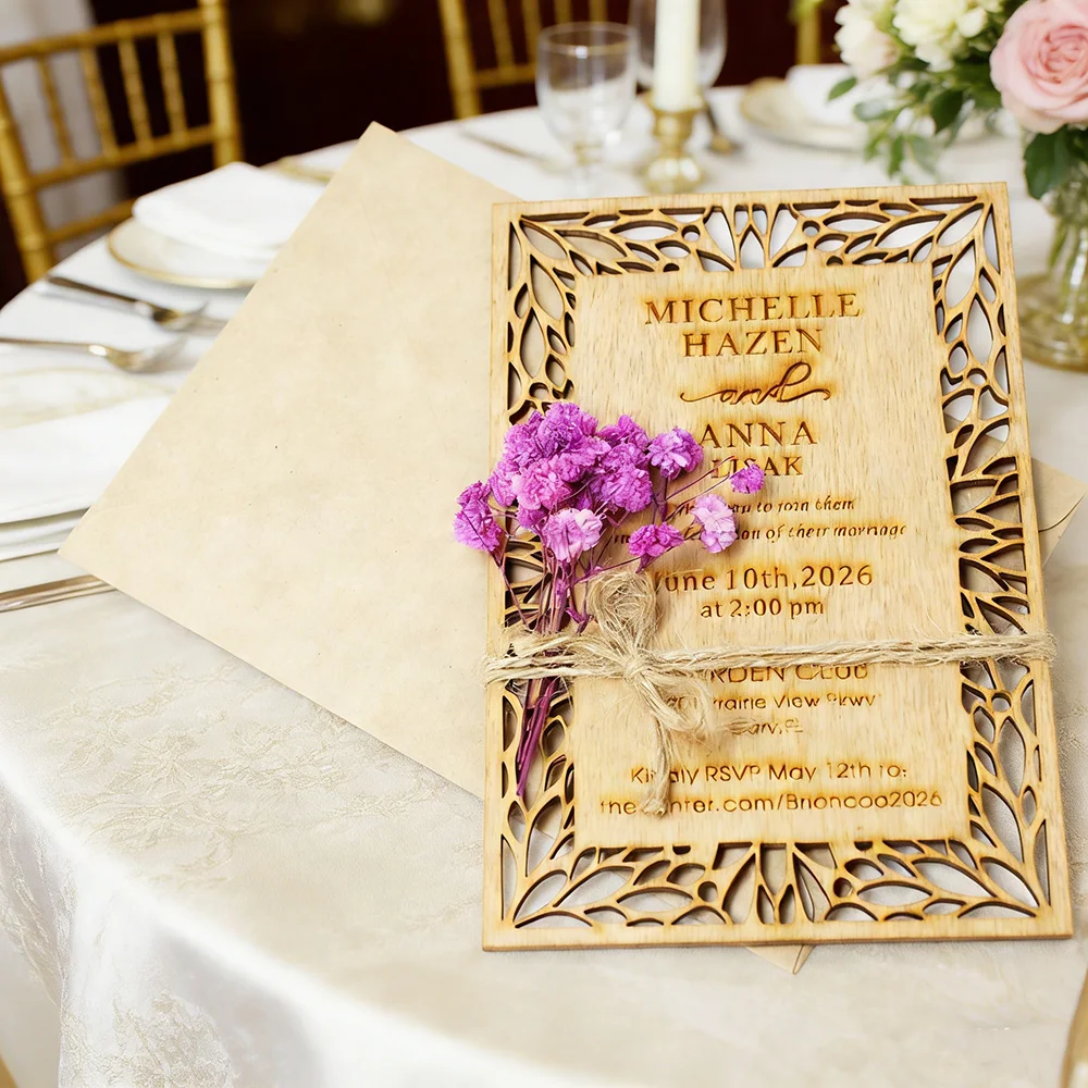 

40 комплектов персонализированных свадебных приглашений, 100% деревянные свадебные приглашения с цветами, конвертами и наклейками, приглашения в деревенском стиле