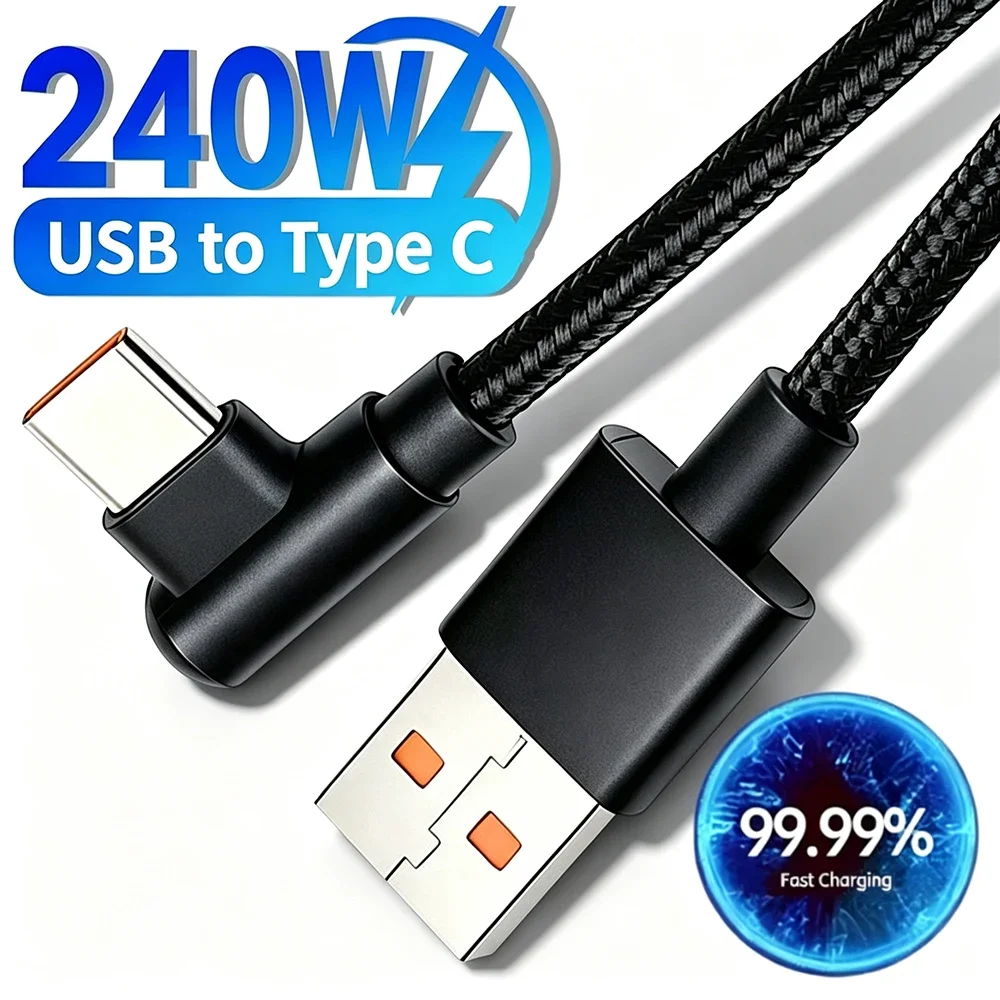 L-Shape USB to Type C Cable 90 Degree Elbow 240W 10A Fast Charging Type C Data Cord for iPhone 18 17 Samsung Xiaomi Gaming Cable