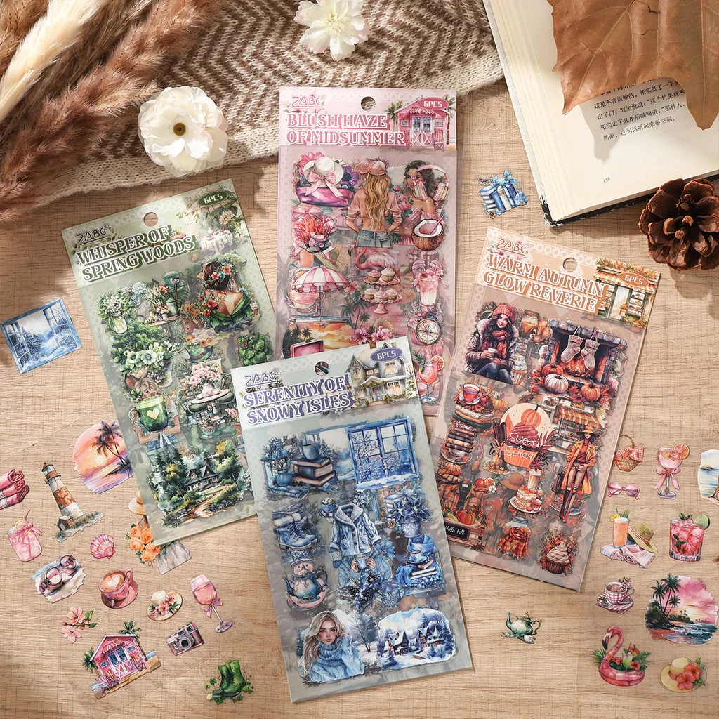 6sheets PET Decoractive Material Sticker Pre-Cut Journaling Sticker Scrapbook Kit Junk Journal Supplies Aesthetic Stickers