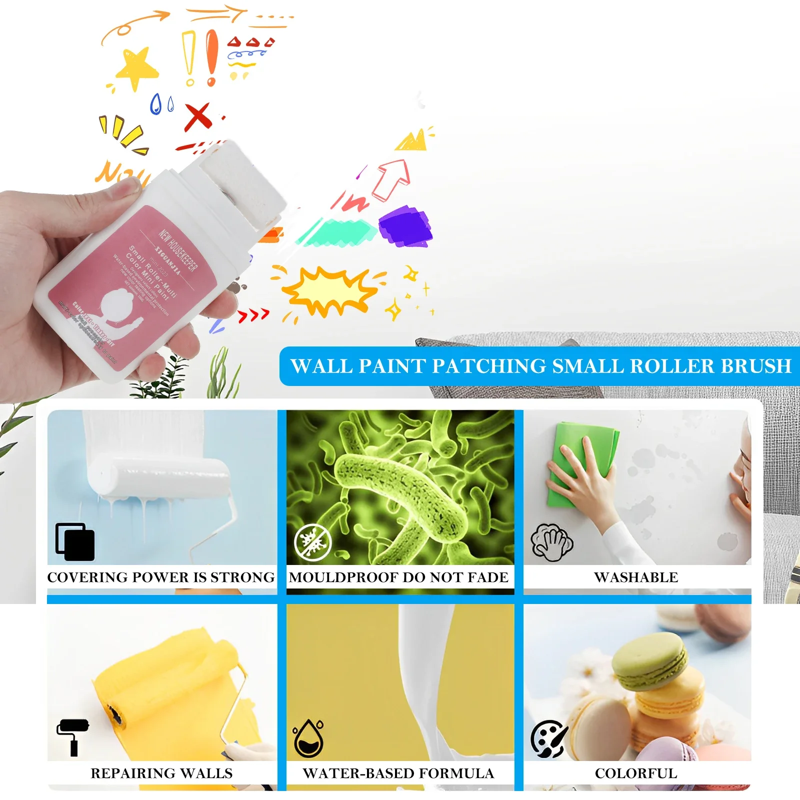 2Pcs 휴대용 벽 수리 브러시 벽 작은 롤러 페인트 브러시 벨트 100g 라텍스 페인트 DIY 낙서 그림 도구