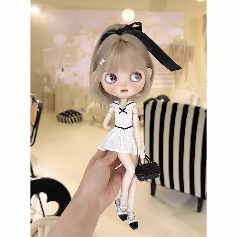 DLBell Fashion Blythe Clothes White Sleeveless College-style Dress Mini Party Dresses for Blythe OB24 Pullip 1/6 Dolls Outfit