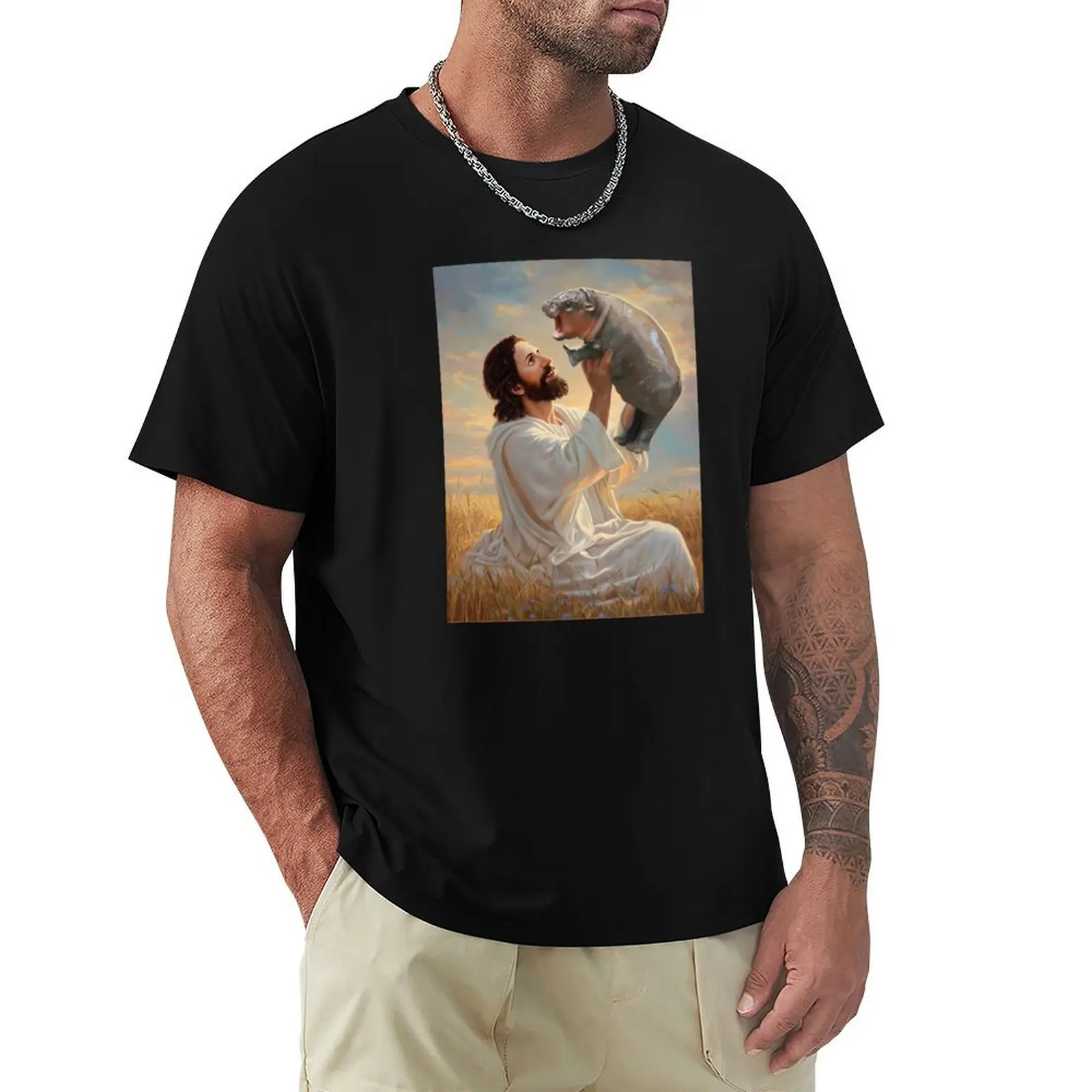 

Jesus Holding Up Moo Deng T-Shirt oversized t shirt luxury designer luxury t-shirt tops mens vintage t shirts