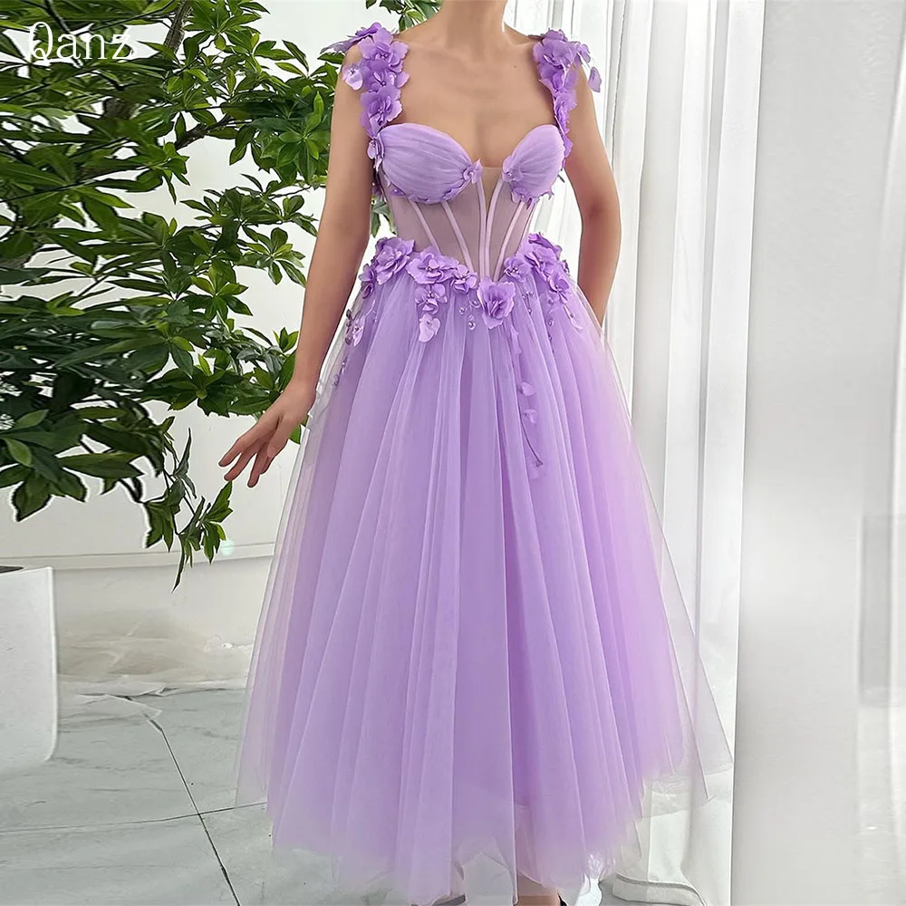 

Qanz Fairy Lilac Prom Dresses Tulle 3D Flowers Perls Luxury Evening Dresses 2024 A Line Spaghetti Straps Party Dress Celebrity