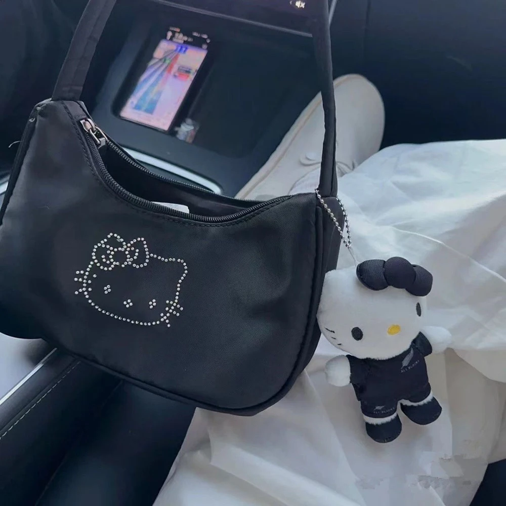 

New Miniso Hello Kitty Canvas Tote Bags Women Fashion Rhinestone Black Handbags Y2k Female Cartoon Korean Black Underarm Bag