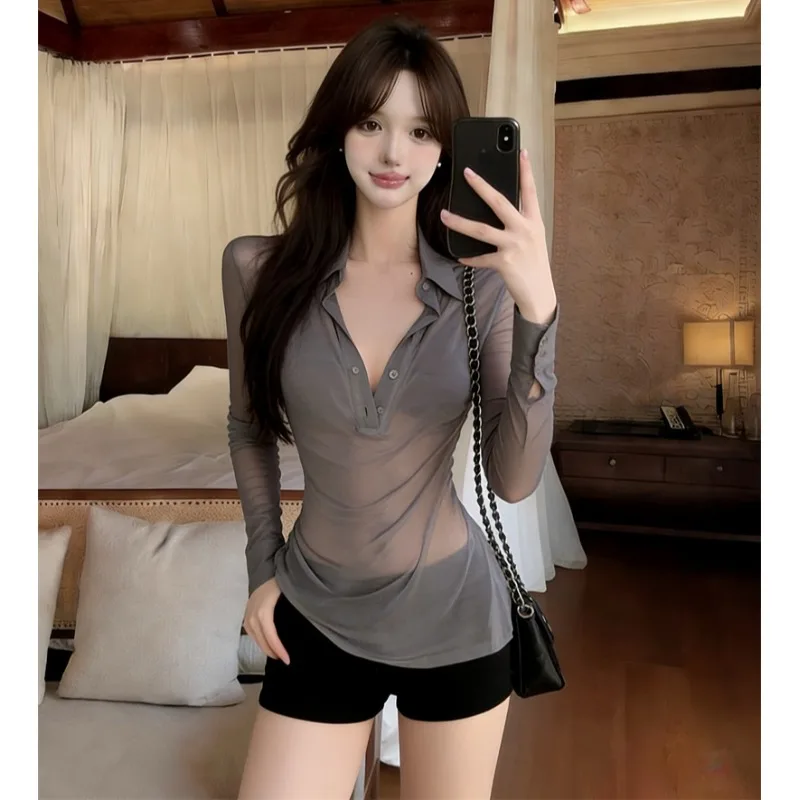 

New Pure Desire Sexy Thin Silk Long Sleeve Shirt Women's Top Micro Translucent Summer Fashion Vintage Style Slim Fit Blouse