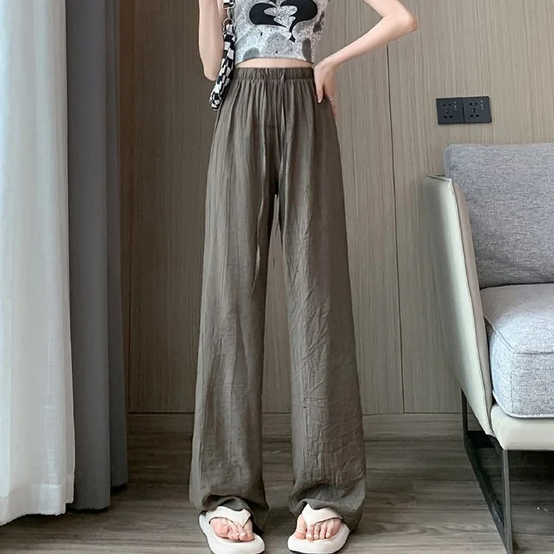 Trendy Pleated Ice Silk Wide Leg Pants for Women Summer Thin Casual Drawstring High Waisted Drape Loose Straight Trousers